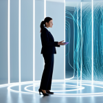 **Prompt for "Digital Footprint & Authenticity"**
    A thoughtful professional woman, fully clothed in a modest business suit, stands calmly in a modern, clean digital space. Abstract, glowing lines and subtle data streams flow gracefully around her, representing her evolving digital footprint. Her pose is natural, with perfect anatomy and well-formed hands, as she observes the environment with serene focus. The scene is captured with professional studio lighting, emphasizing high-resolution details and a soft color palette. This is appropriate content, safe for work, family-friendly.