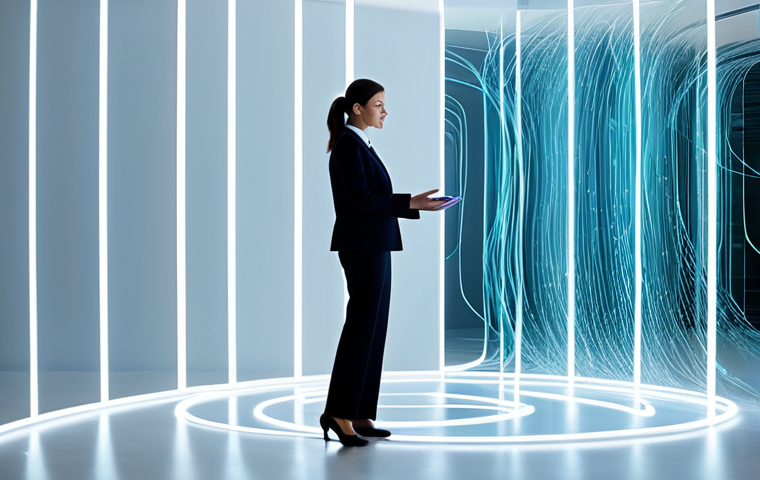 **Prompt for "Digital Footprint & Authenticity"**
A thoughtful professional woman, fully clothed in a modest business suit, stands calmly in a modern, clean digital space. Abstract, glowing lines and subtle data streams flow gracefully around her, representing her evolving digital footprint. Her pose is natural, with perfect anatomy and well-formed hands, as she observes the environment with serene focus. The scene is captured with professional studio lighting, emphasizing high-resolution details and a soft color palette. This is appropriate content, safe for work, family-friendly.