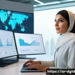 디지털 정체성 관리의 장기 비전 - A modern digital workspace scene featuring a Middle Eastern professional woman in modest business at...