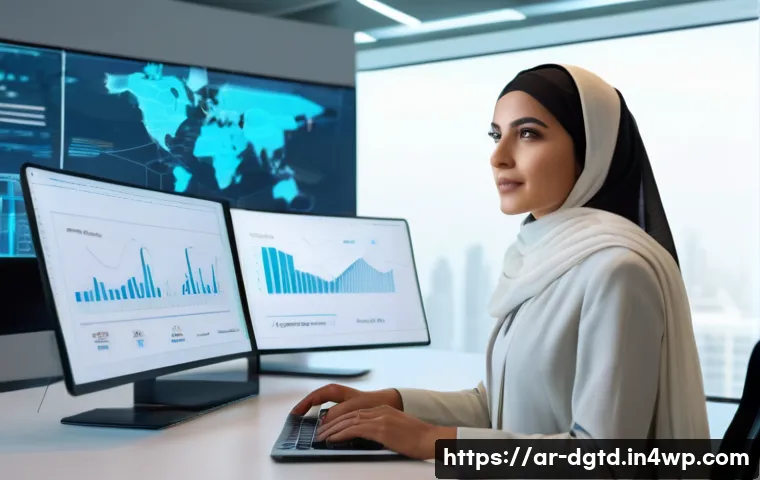 디지털 정체성 관리의 장기 비전 - A modern digital workspace scene featuring a Middle Eastern professional woman in modest business at...