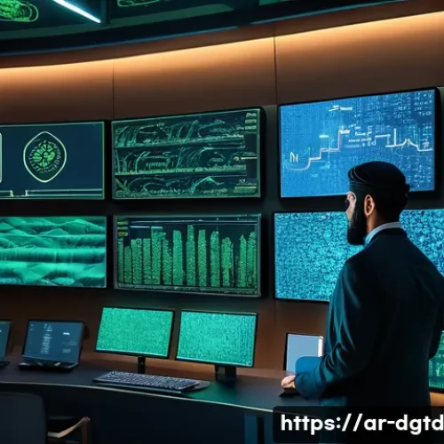 디지털 정체성 관리의 지속 가능성 - A modern digital security control room with Arabic calligraphy motifs subtly integrated into the des...