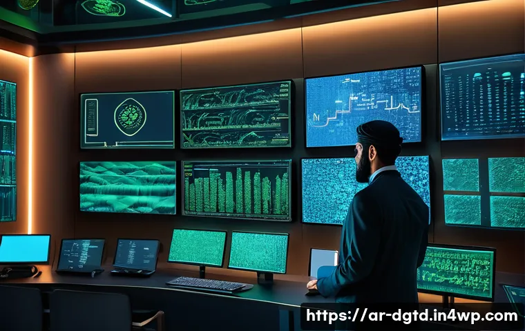 디지털 정체성 관리의 지속 가능성 - A modern digital security control room with Arabic calligraphy motifs subtly integrated into the des...