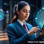 디지털 정체성 관리 사례 연구 - A detailed digital art scene depicting a Middle Eastern professional woman in modern business attire...