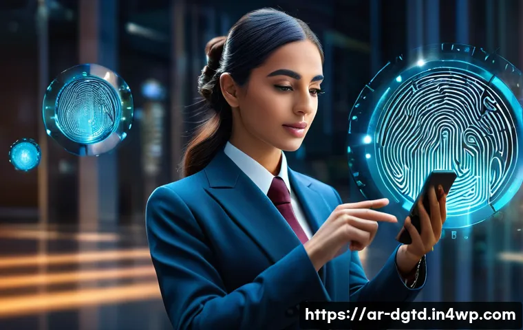 디지털 정체성 관리 사례 연구 - A detailed digital art scene depicting a Middle Eastern professional woman in modern business attire...