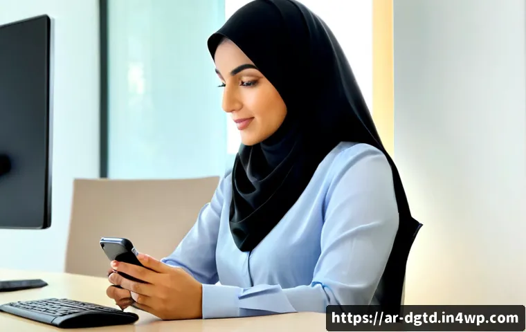 디지털 정체성 관리의 지속적인 발전 - Photorealistic modern Arab professional woman in modest business attire using a smartphone with secu...